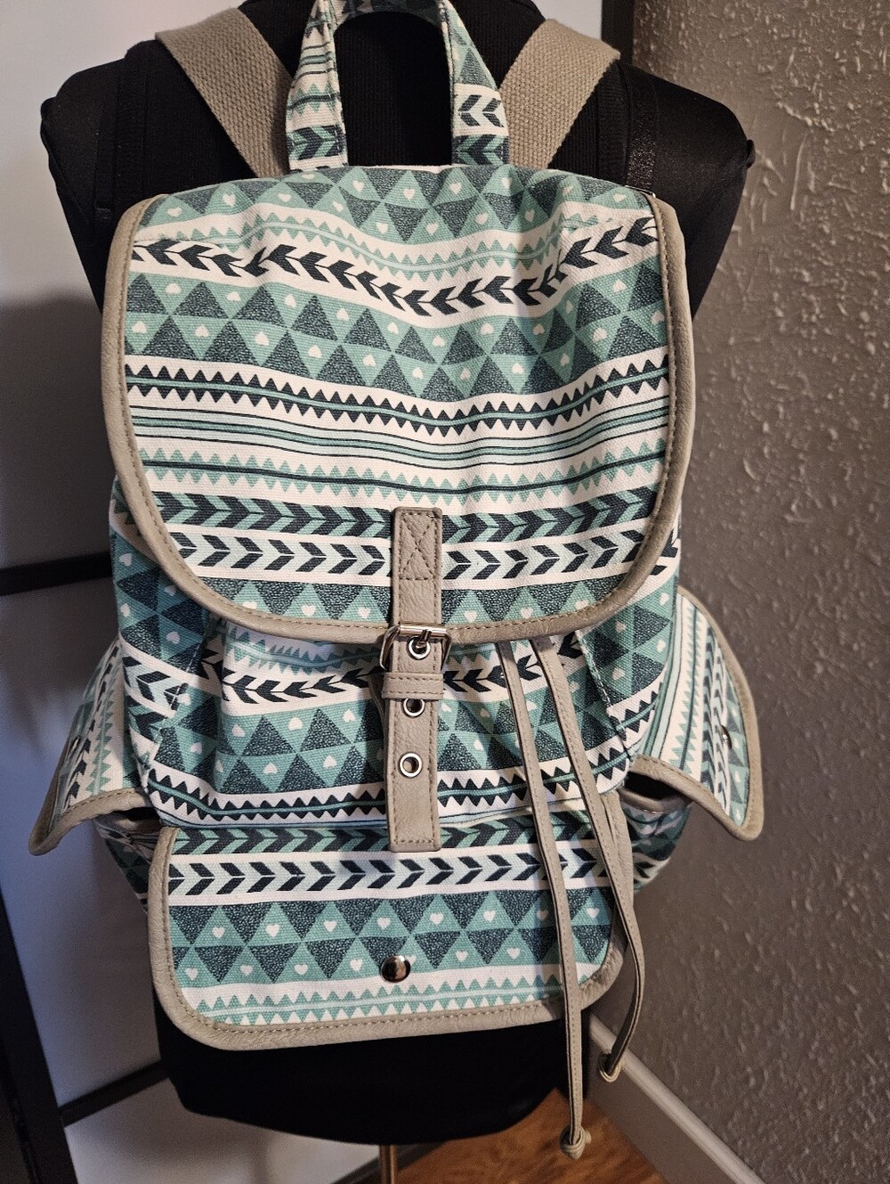 Mint Geometric Canvas Drawstring Backpack - Unbranded